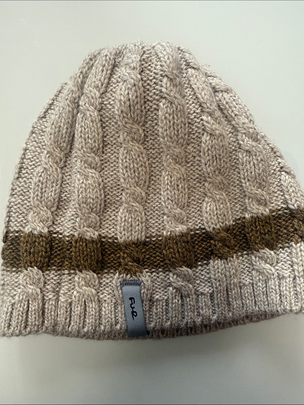 Cable Knit Beige Beanie with Brown Stripe